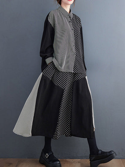 Loose Oversize Striped Polka-dot Split-joint Blouse Top A-line Skirt Bottom Two Pieces Set