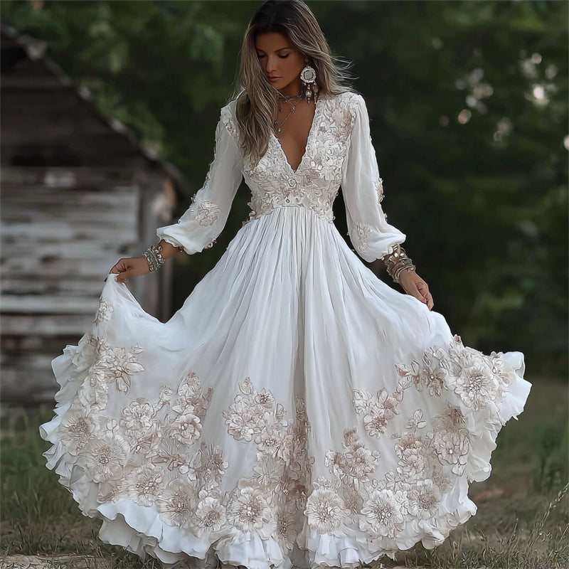 Vintage Boho White Floral Lace Wide Skirted Flowy Maxi Dress elevenforest