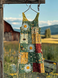 Bee Sunflower Floral Print Embroidery Art Linen Tank Midi Dress elevenforest
