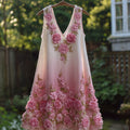 Vintage Pink Floral Embroidered Gradient Linen Mini Dress elevenforest