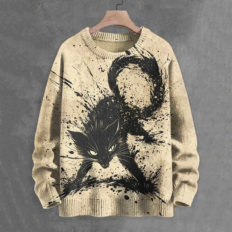 Men's Cute Neurotic Splashed Ink Black Cat Japanese Art Print Knit Sweater elevenforest