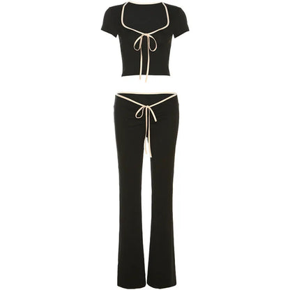 Summer Clothing Short Sleeve Square Neck T Shirt Slim Low Waist Bootcut Pants Suit for – Stylish and Comfortable Summer Outfit