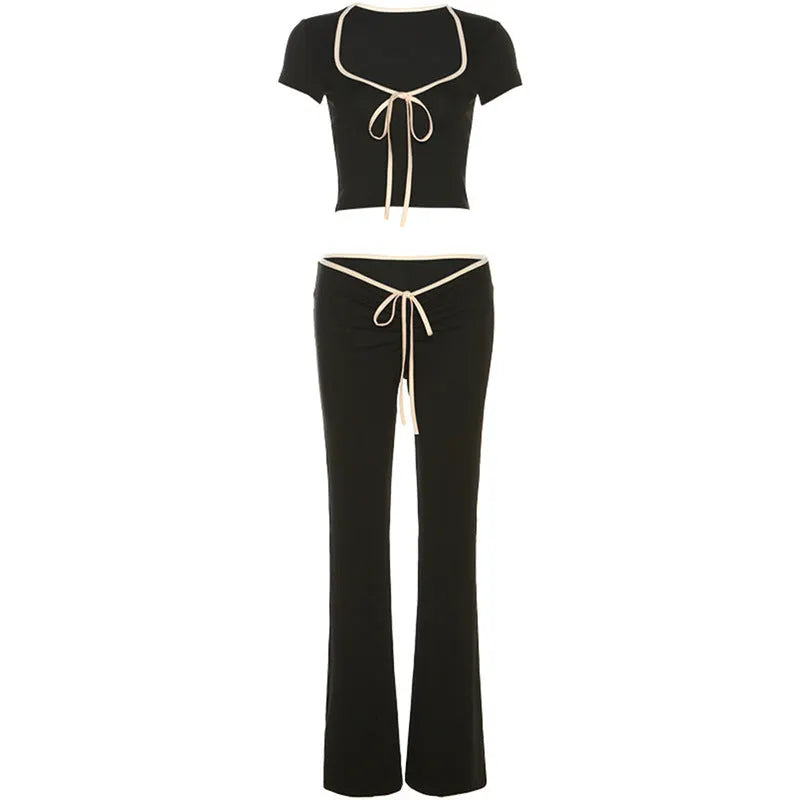 Summer Clothing Short Sleeve Square Neck T Shirt Slim Low Waist Bootcut Pants Suit for – Stylish and Comfortable Summer Outfit