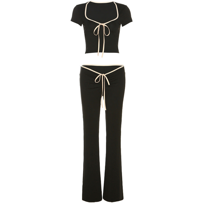 Summer Clothing Short Sleeve Square Neck T Shirt Slim Low Waist Bootcut Pants Suit for – Stylish and Comfortable Summer Outfit