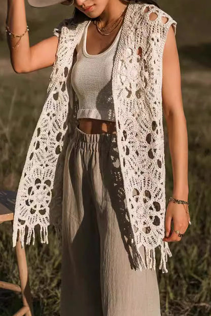 Vacation Hollow Out Fringed Hem V Neck Waistcoats