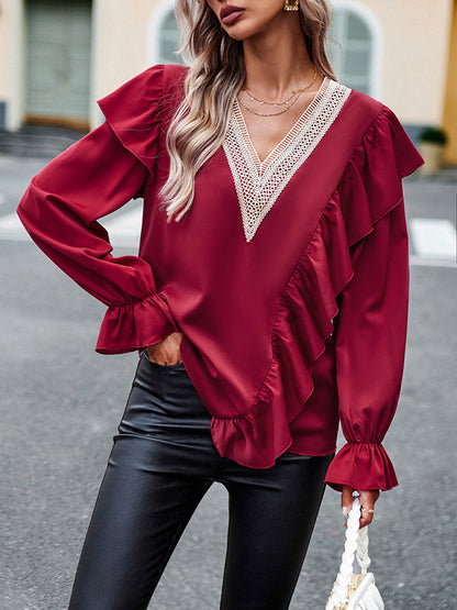 Long Sleeves Loose Asymmetric Hollow V-neck Blouses&shirts Tops