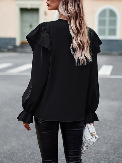 Long Sleeves Loose Asymmetric Hollow V-neck Blouses&shirts Tops