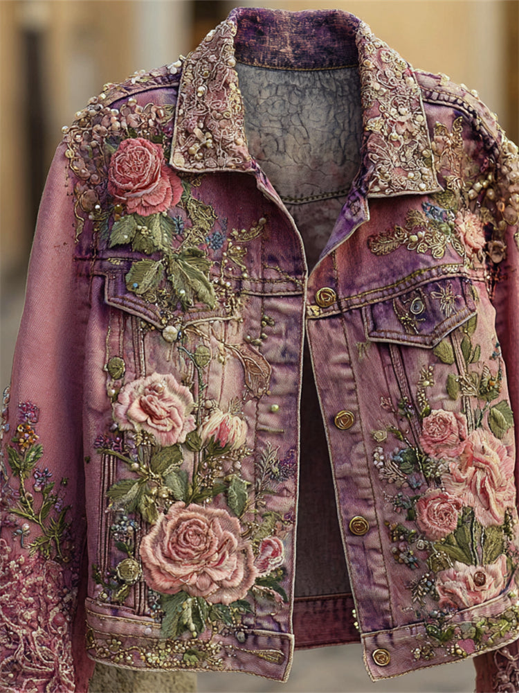 Boho Pink Roses Glitter Embroidered Dyed Washed Denim Jacket elevenforest