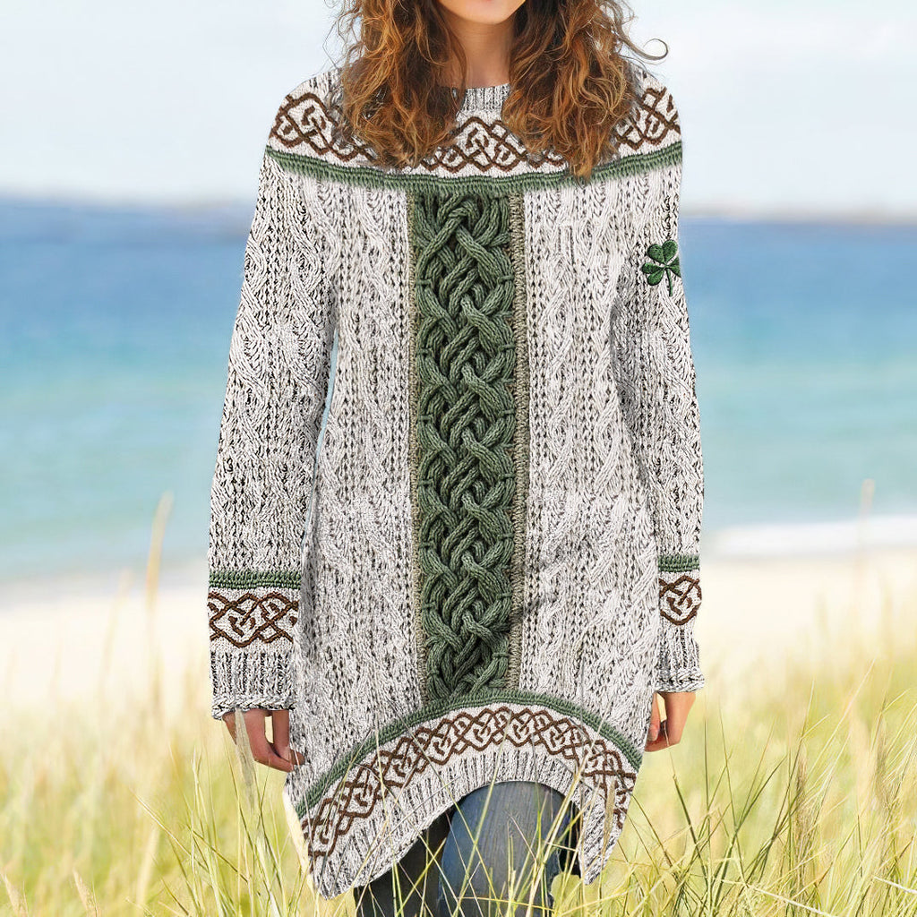 Women's Irish Celtic Knotted Shamrock Contrast Jacquard Sweater Dress elevenforest