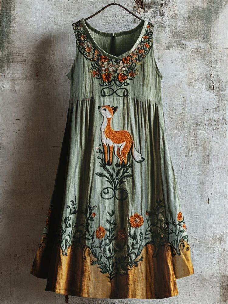 Vintage Fox Floral Embroidered Contrast Linen Dress elevenforest