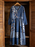 Comstylish Japanese Floral Geometric Patchwork Women's Linen V-neck Maxi Dress