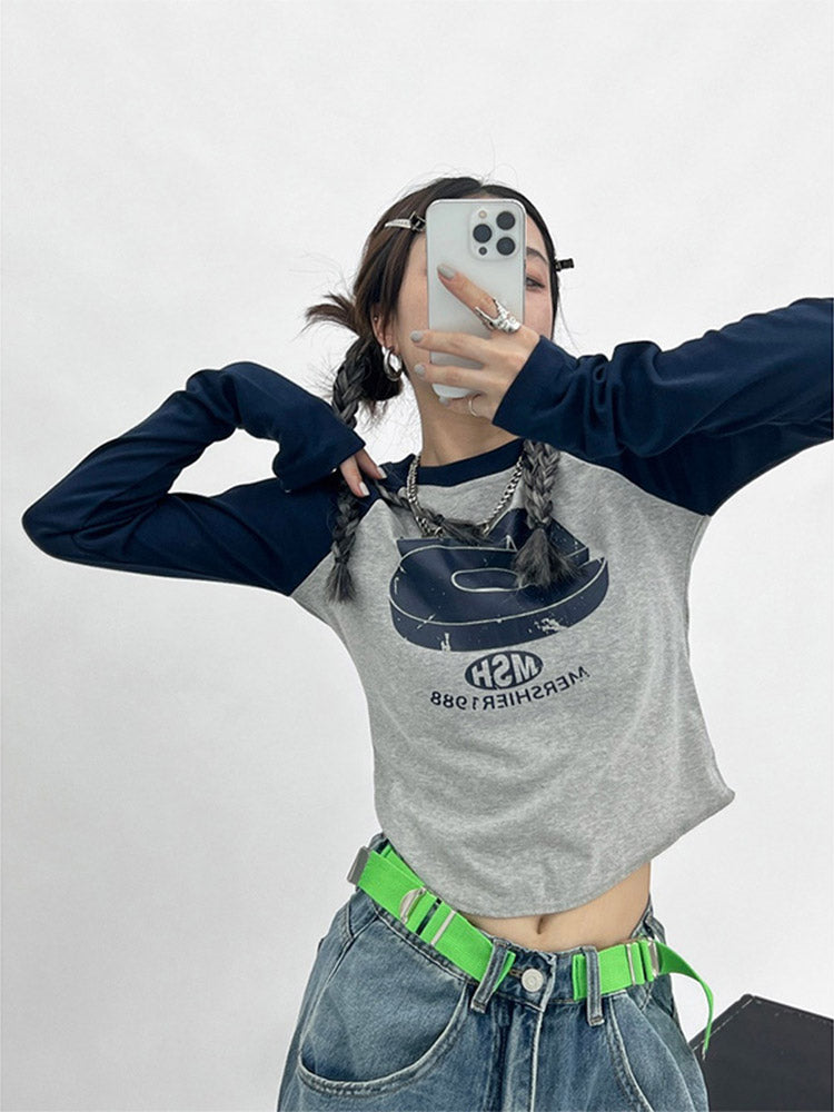 Y2k Patchwork Green Tshirts Hippie Long Sleeve T Shirts Female Kpop Retro Autumn Crop Tops