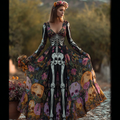 Halloween Plant Flower And Skeleton Bone Pattern Combined Design Women Long Cotton And Linen Dress elevenforest