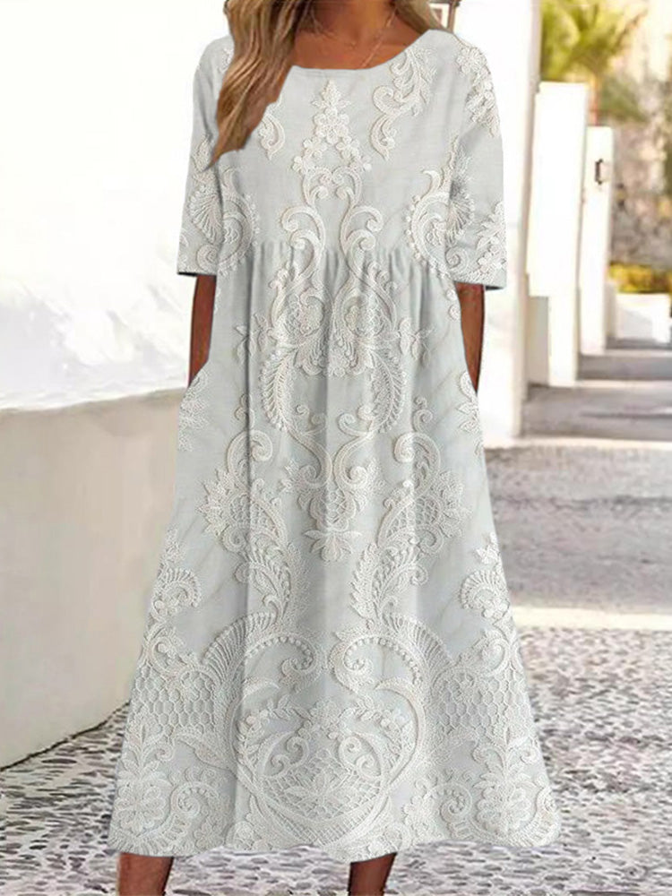 Vintage Crew Neck Lace Linen Blend Maxi Dress elevenforest