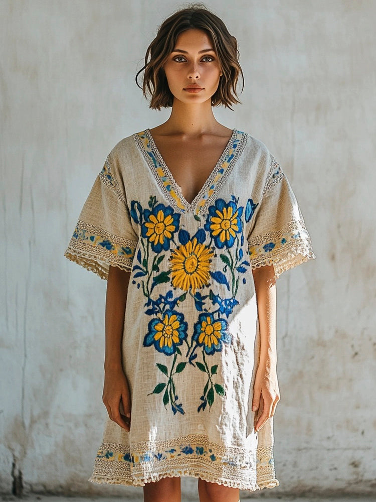 Ukrainian Blue And Yellow Floral Embroidery Art Women's Linen V-neck Dress elevenforest