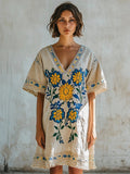 Ukrainian Blue And Yellow Floral Embroidery Art Women's Linen V-neck Dress elevenforest