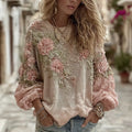 Women's Vintage Pink Rose Embroidery Casual Crew Neck Shirt elevenforest