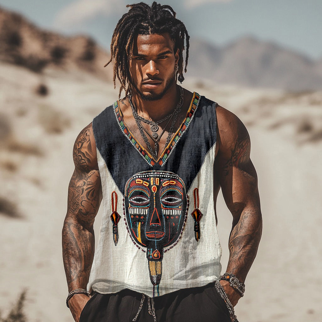Men's Tribal African Masks Art Linen Tank Top elevenforest