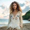Retro Shoal Of Fish Embroidery Print Linen Blend Loose Blouse elevenforest