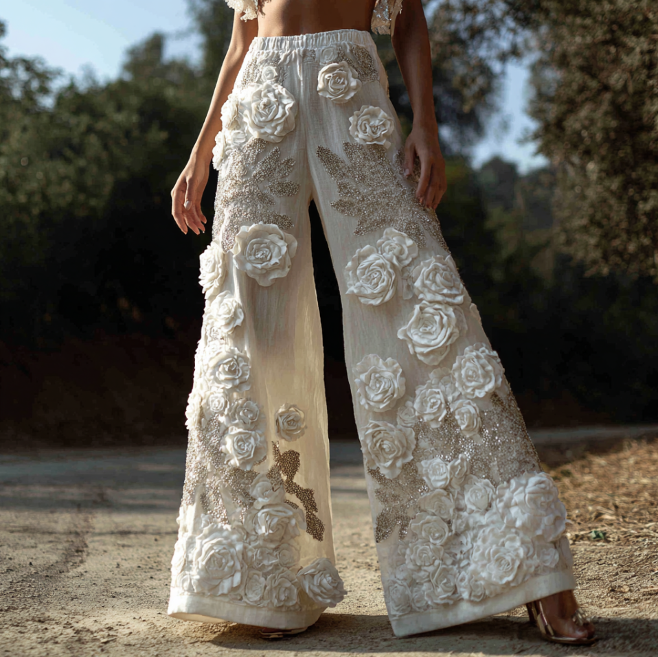 Bohemian Style Three-dimensional Rose Embroidery Pattern Women's Cotton And Linen Loose Wide-leg Long Pants elevenforest