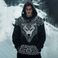 Men's Viking Tribal Wolf Jacquard Celtic Inspired Chunky Knit Hooded Sweater elevenforest