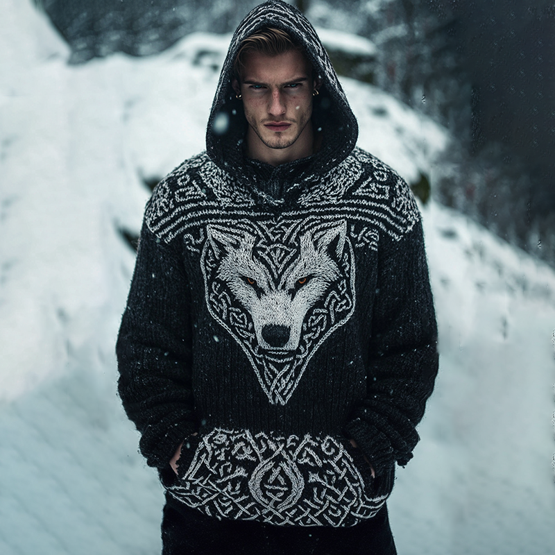 Men's Viking Tribal Wolf Jacquard Celtic Inspired Chunky Knit Hooded Sweater elevenforest