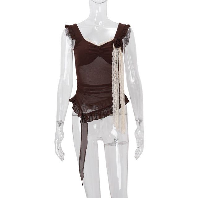 Trauxy Fungus Side Mesh Tank Top ’s 3d Flower See Through Patchwork Slim Sleveeless Female Club Party Vestido