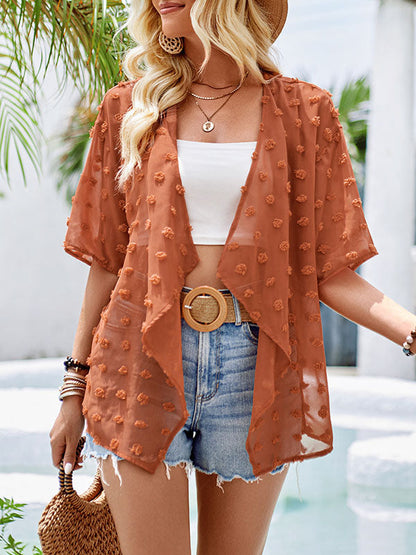Loose Short Sleeves Jacquard See-through Split-joint Blouses
