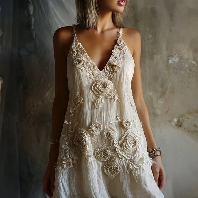 Vintage Boho Roses Embroidered Flowy Linen Cami Mini Dress elevenforest