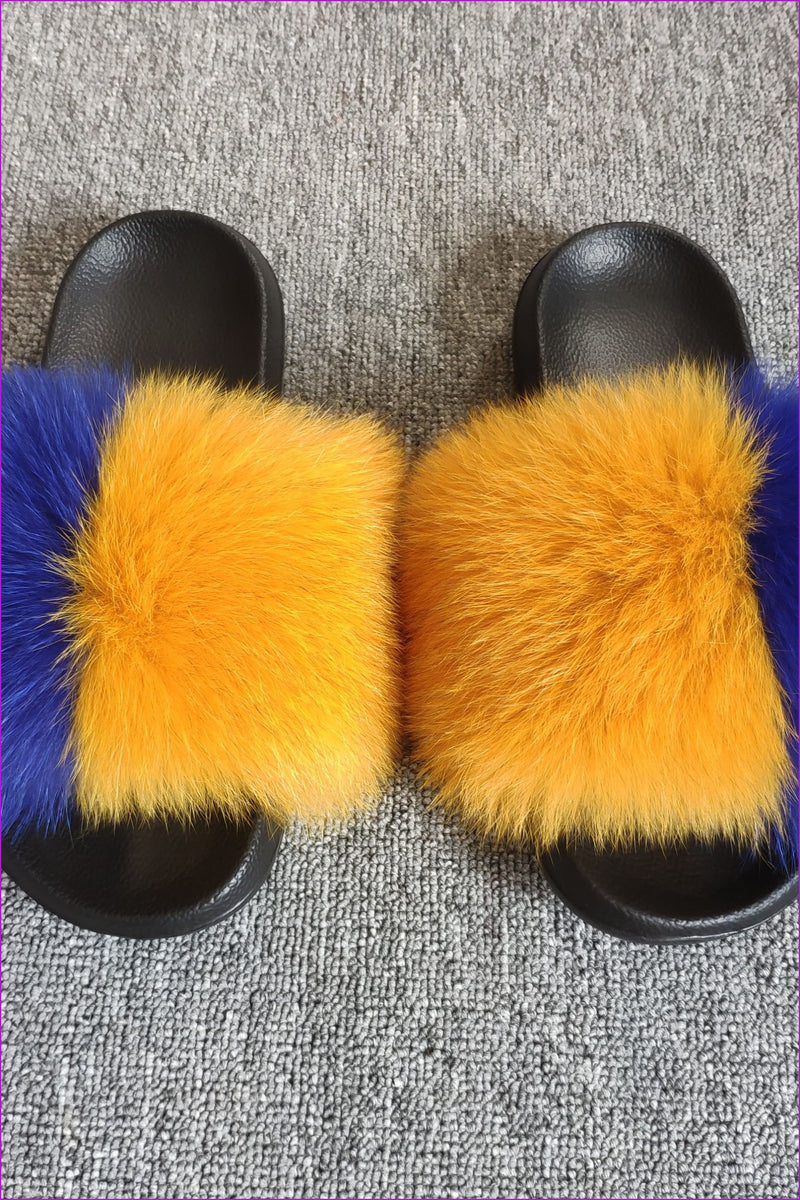 Dark Yellow and Royal Blue #2 Fox Full-pelt Fur Sliders Df003