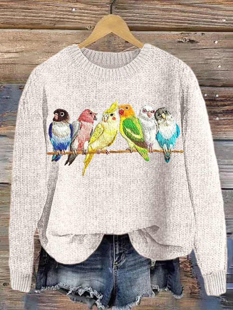 Bird Embroidery Art Casual Cozy Knit Sweater artswardrobe