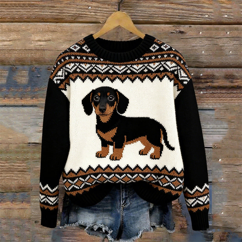 Comstylish Vintage Dachshund Dog Contrast Isle Knit Cozy Sweater
