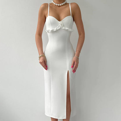 Summer ’s Dress Color Slit Camisole Skinny Ruffle Decoration Wedding Evening Party Outfit