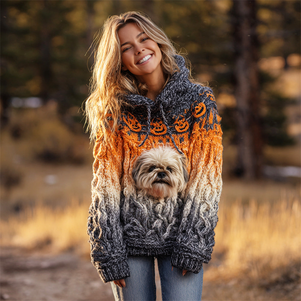 Comstylish Halloween Plush Pet Dog Gradient Women's Chunky Knit Hooded Sweater