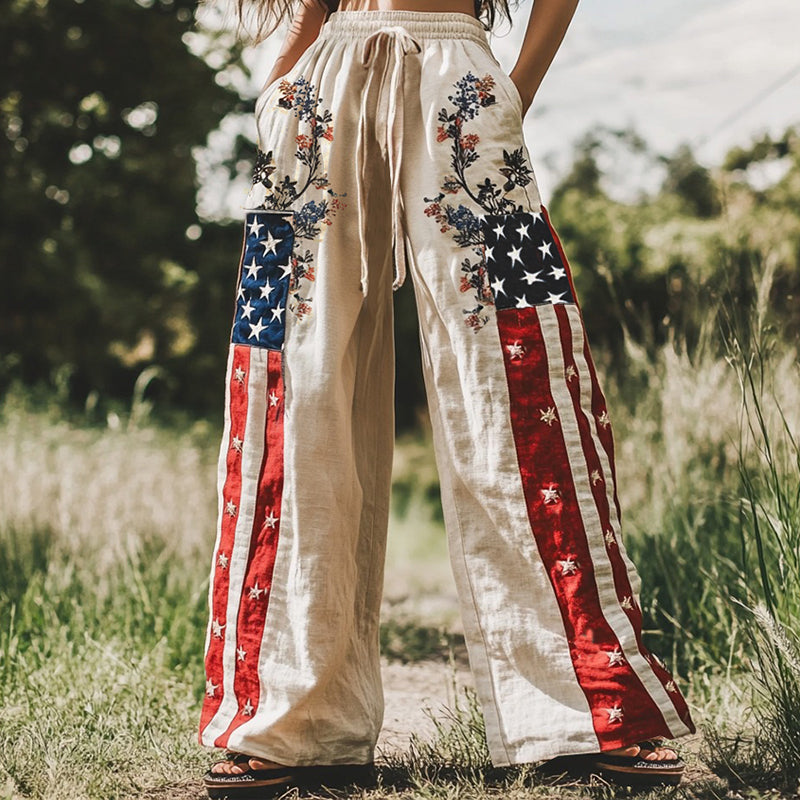Women's Vintage Independence Day Floral Embroidery Patchwork Design  Linen Wide Leg Pants elevenforest