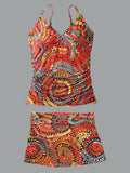 V-Neck Vintage Flowers Print Suspender Skirt Tankini Pantskirt Set Swimsuit