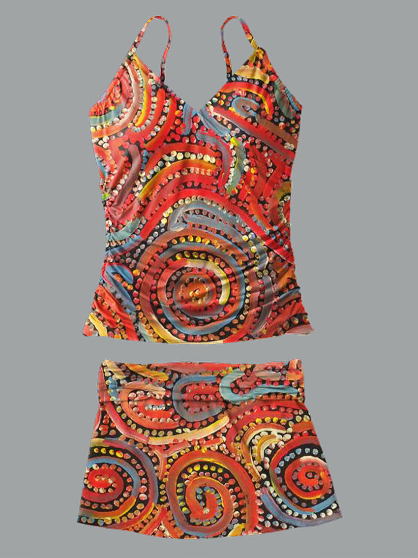V-Neck Vintage Flowers Print Suspender Skirt Tankini Pantskirt Set Swimsuit
