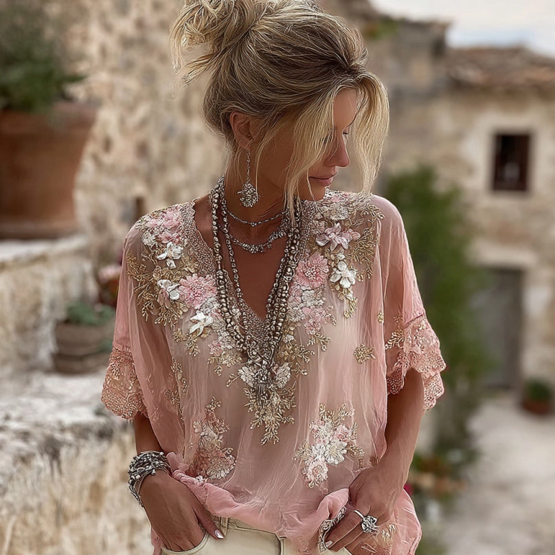 Women's Pink Flower Embroidery Art V-neck Short Sleeve T-shirt elevenforest