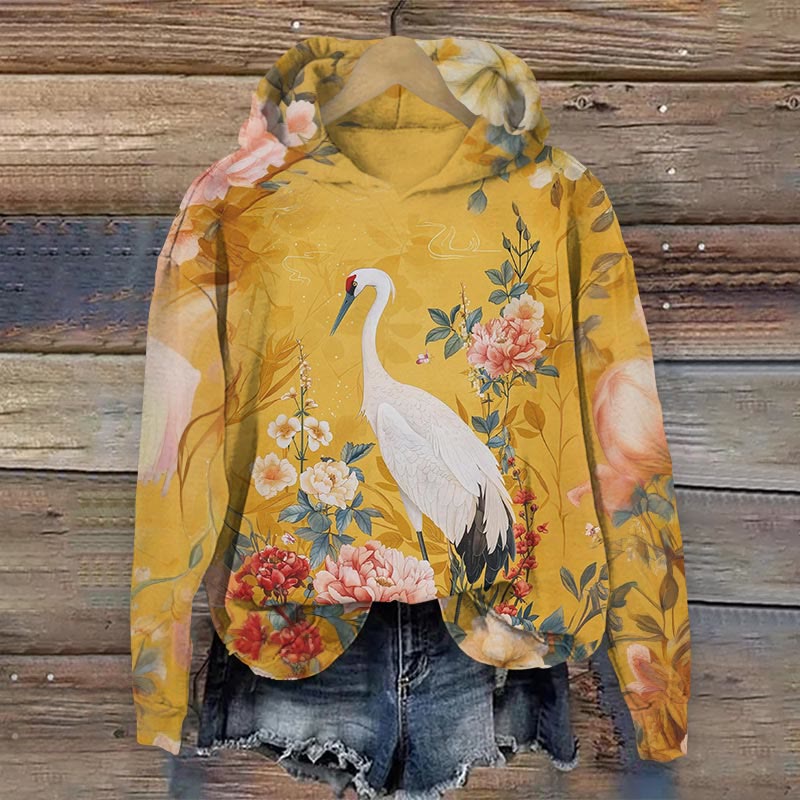 Japanese Art Crane Print Long Sleeve Hoodie elevenforest