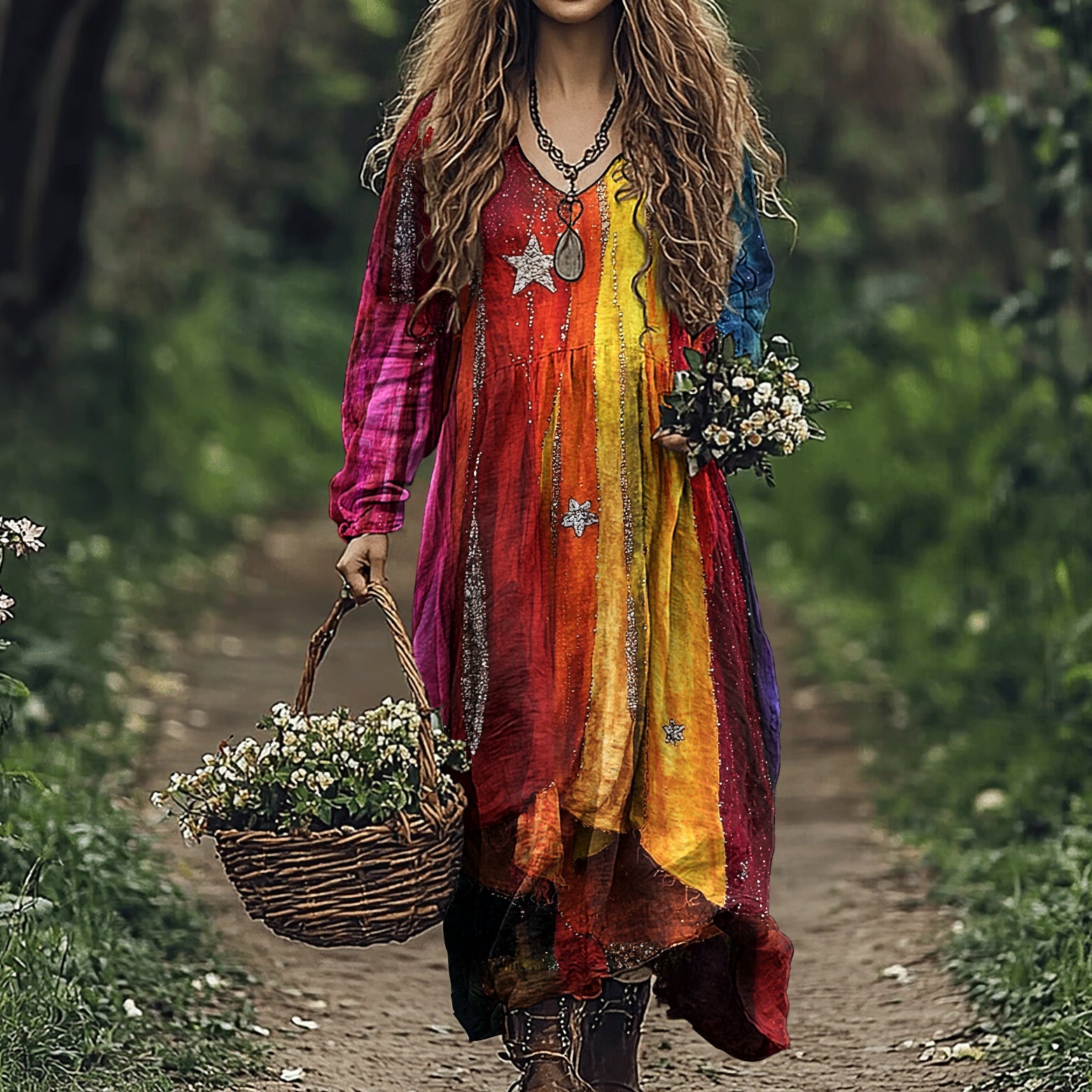Women's Vintage Gradient Star Patchwork Comfy Midi Dress elevenforest