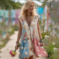 Bohemian Style Women's Multi-colored Flower Embroidery Vintage Sleeveless Short Skirt elevenforest
