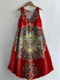 Women's Vintage Ethnic Floral Art Print V-neck Pocket Cotton Dress