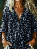 Women's Simple Flower Art Print Casual Cotton Linen Shirt
