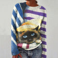 Vintage Lazy Kitten Stripe Stitching Art Graphics Crew Neck Cozy Sweater elevenforest