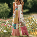 Women's Vintage Floral Patch Art Print Comfy Jumpsuit elevenforest