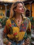 Women's Color Parrot And Flower Patchwork Stand-up Collar Long-sleeved Shirt elevenforest