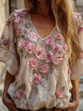 Bohemian Style Pink Rose Vintage Romantic Distressed V-neck Short-sleeved Shirt elevenforest