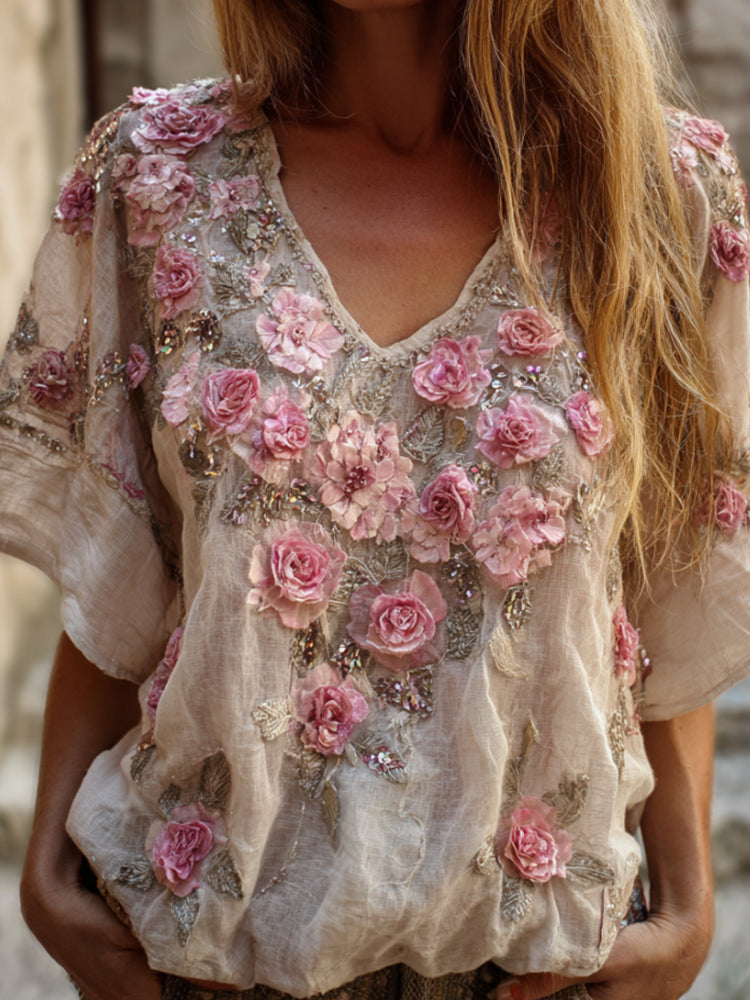 Bohemian Style Pink Rose Vintage Romantic Distressed V-neck Short-sleeved Shirt elevenforest