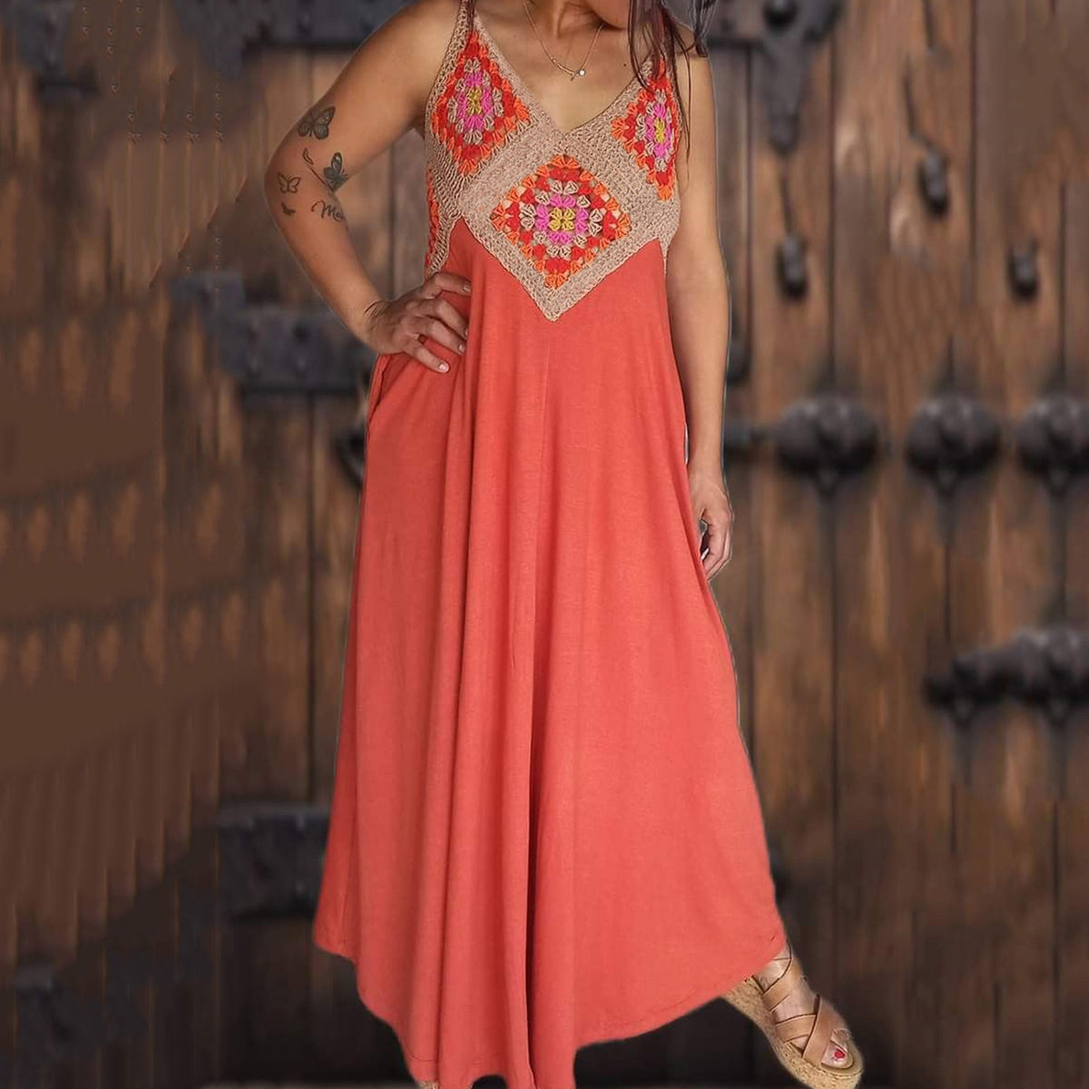 Resort Crochet Patchwork Solid Print Midi Dress elevenforest