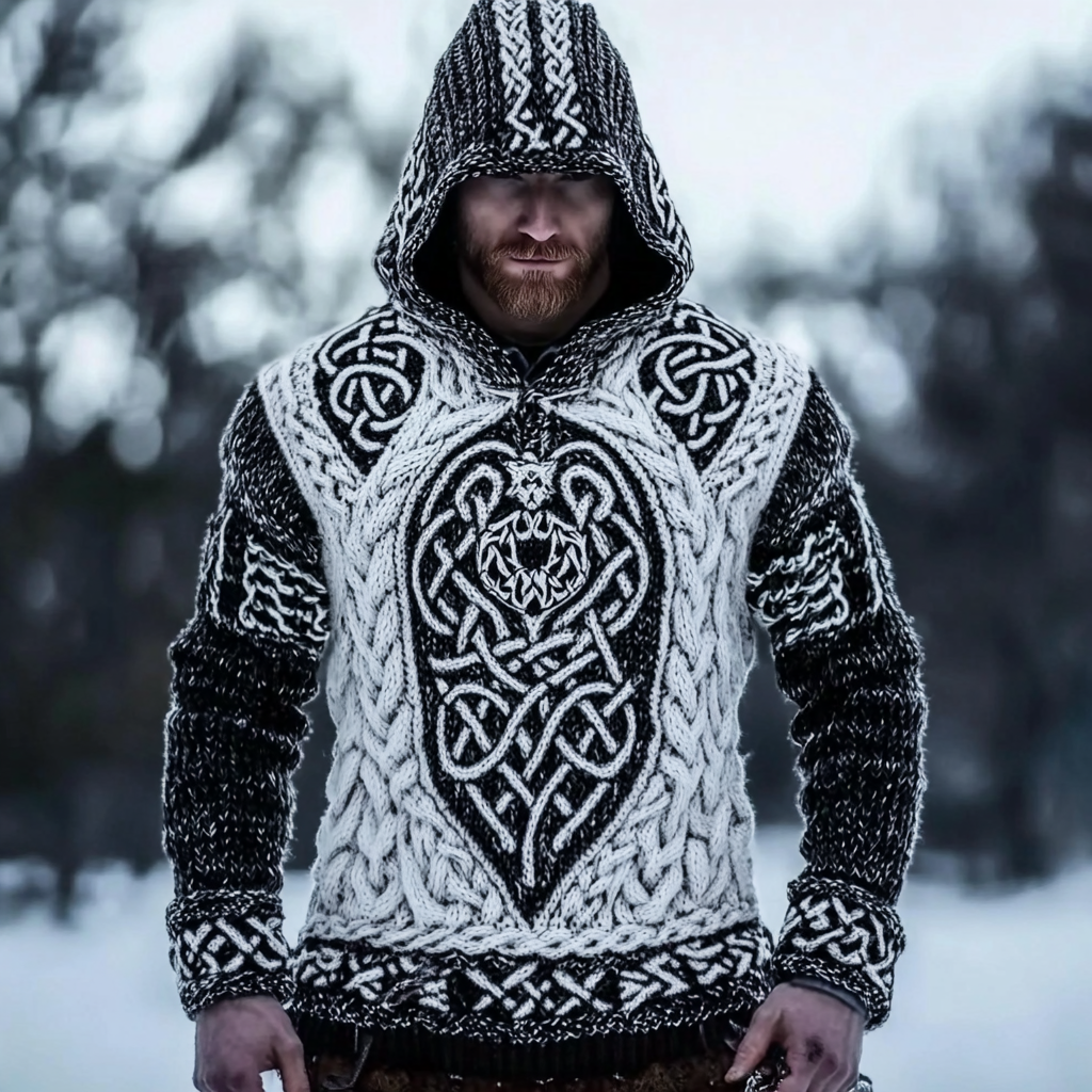 Retro Wolf Inspired Viking Celtic Jacquard Chunky Hooded Sweater elevenforest